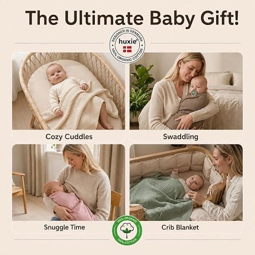 Huxie 100% Organic Cotton Knit Receiving Baby Blanket for Newborns - Soft, Breathable Blanket for Crib & Stroller - Nursery Gift (Mochachino) thumbnail 5