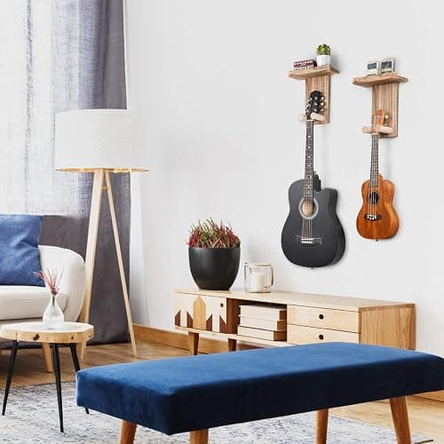 Keebofly 2-Pack Guitar Wall Mount Hanger with Shelf & Pick Holder - Wood Wall Hook for Acoustic, Electric, Bass Guitars, Ukulele (Screw-Mounted, Brown) [Patented] thumbnail 6