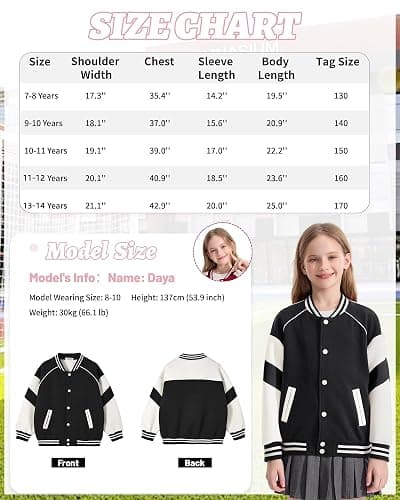 Rolanko Girls Boys Baseball Jacket Varsity Style School Sweatjacket with Pockets Bomber Coat Outwear for Kids thumbnail 6