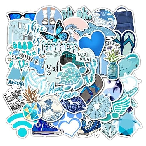 Girl's Blue Aesthetic Stickers - Waterproof Cute Stickers 50 PCS for Water Bottle, Laptop, Phone - Teens & Kids - Image 1