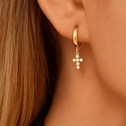 Pearl Cross Earrings for Women Dainty Gold Huggie Hoop Cross Drop Earrings Gold Statement Jewelry Accessories for Party Holiday Outfits Birthday Gifts Trendy Jewelry Gifts thumbnail 3
