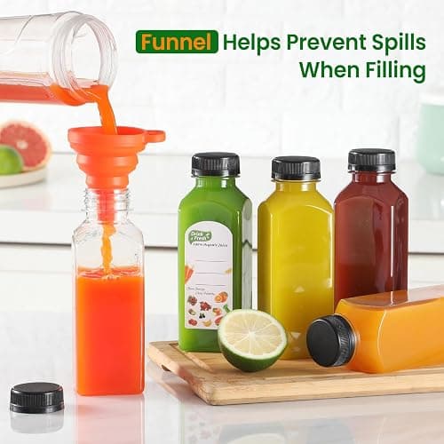 24 PACK, 12 OZ Reusable Thicker Plastic Juice Bottles with Caps, Leakproof | Plus 24 Labels & 2 Funnels, Clear Juicing Bottles for Juice, Smoothies, Ginger, Tea, Coffee -Food Grade & Travel & Freezable thumbnail 2