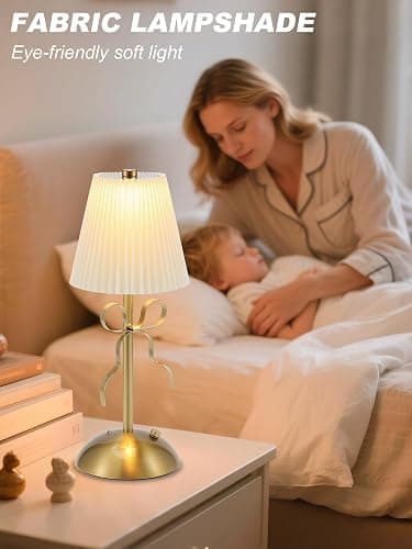 CryzhalinX Cordless Table Lamp,Small Desk Lamp with 3 Color,Touch Dimmable Bedsdie Lamps,Bow Lamp with Fabric Shade,LED Night Light for Girls Room Princess Room Decor(Gold) thumbnail 6