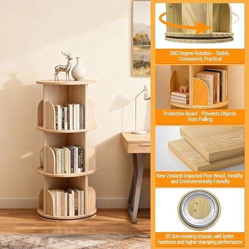 Bibliothèque rotative à 360 ° - En bois massif - Étagère sur pied - Multifonction - Étagère de rangement pour enfants et adultes - 3 étages - Diamètre : 39 cm - Hauteur : 98 cm thumbnail 3
