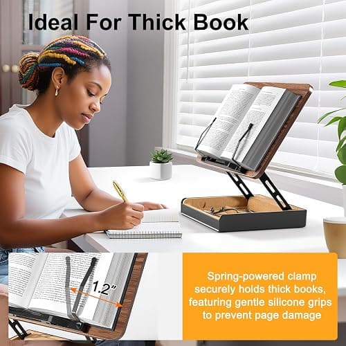HUMANCOZY Book Stand with Storage, Book Holder for Reading Hands Free, Wooden Cookbook Stand for Kitchen Counter, Adjustable Reading Stand for Desk, Recipe Stand, Book Prop for Book Lovers thumbnail 6