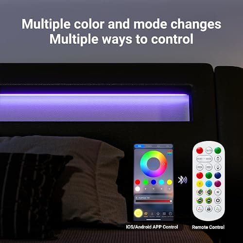 Allewie Queen Size LED Platform Bed Frame with Adjustable Headboard/No Box Spring Need/Easy Assembly/Faux Leather in Black thumbnail 5