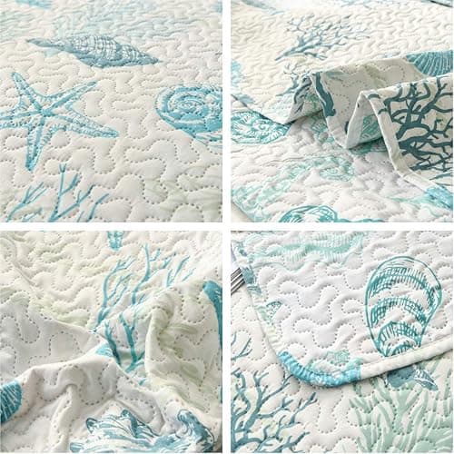 Oliven Reversible Coastal Beach Theme Quilt Set Queen/Full Size Ocean Coral Bedding Seaweed Bedspread Ocean Life Blue Green White Shell Starfish Coverlet Summer Lightweight Beach Daybed Sets thumbnail 5