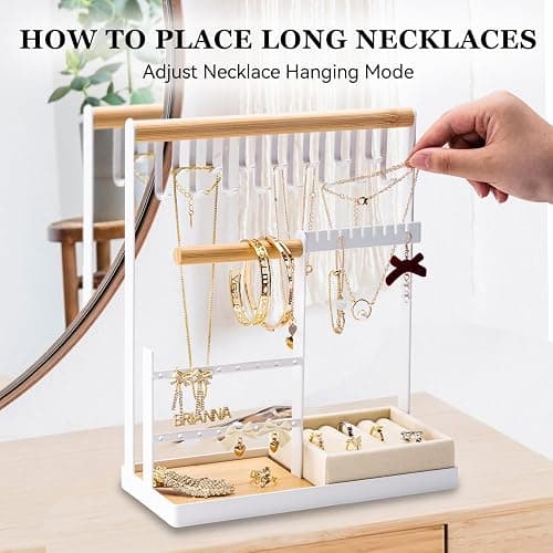 DreamGenius Jewelry Organizer Stand with Velvet Ring Holder, 4 Tier Jewelry Holder Organizer with 15 Hooks for Necklaces and 16 Holes for Earrings, White thumbnail 8