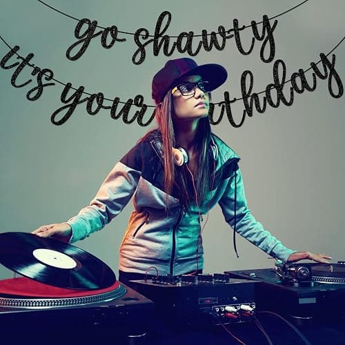 Go Shawty It's Your Birthday Banner, Hip Hop Birthday Party Decorations Supplies, Rap Theme Bday Bunting Sign, Pre-strung, Photo Props (Black) thumbnail 7