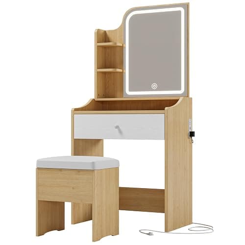 LIKIMIO Small Makeup Vanity Desk with Mirror and Lights, Vanity Table Set with Storage Drawer, Chair and Three Shelves, Bedroom, Wood thumbnail 8