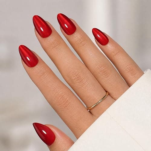 WiniBeauty Red Cat Eye Press On Nails Almond - Short Almond Fake Nails | Red Cateye Press On Nails Reusable Stick On Nails in 16 Sizes, 32pcs False Nail Kit for Women & Girls - Image 1
