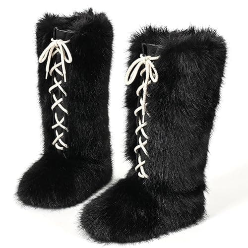 Women's Knee-High Faux Fur Boots, Fluffy Lace-Up Boots, Flat Shoes, Black | Warm Flat Heel Winter Plush Fuzzy Curly Y2k Round Toe Suede Comfy Lace Up thumbnail 3
