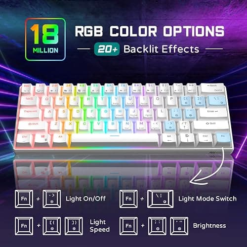 RK ROYAL KLUDGE RK61 60% Gaming Keyboard, Wired RGB Mechanical Keyboard with No-Conflict 61 Keys, Hot Swappable PC Game Keyboards for Windows Mac, Quiet Red Switch-White thumbnail 3