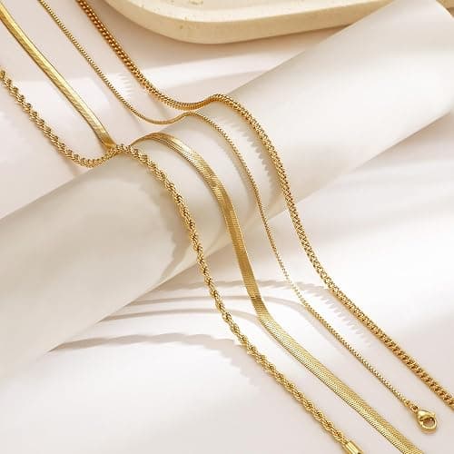 Tewiky Layered Necklaces for Women 14k Gold Plated Chain Necklace Set | Chunky Herringbone/Snake/Rope/Box/Cuban Link Chain for Women, Layering Stack Choker Necklace, Dainty Jewelry Set Non Tarnish thumbnail 6