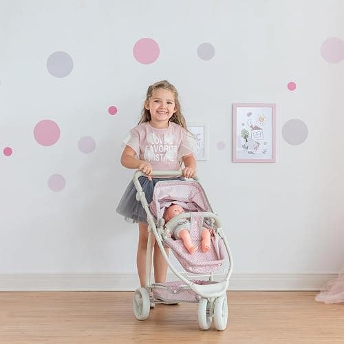 Olivia's Little World 2-in-1 Convertible Baby Doll Stroller with Retractable Canopy, All-Terrain Wheels, and Adjustable Handle, Cream and Pink with Gray Polka Dots thumbnail 2