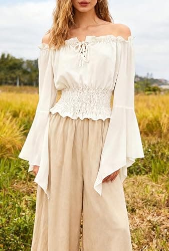 KIMIKAL Renaissance Cottagecore Shirt Women Peasant Blouse - Tie Front Off Shoulder Trumpet Sleeve Top thumbnail 3