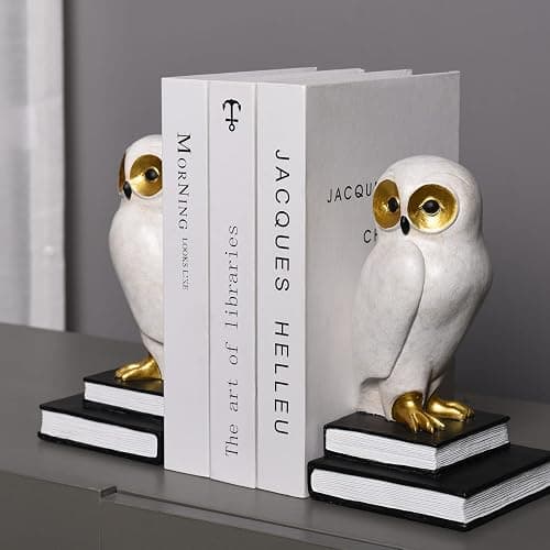 Kakizzy Book Ends for Shelves, Owl Decorative Bookends Bronze Bird Book Stopper Unique Kids Book Holders with Anti-Slip Base Luxurious Bookends for Kids Rooms Office Home Decor(White) thumbnail 2