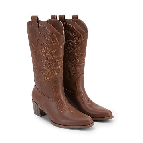 DREAM PAIRS Cowboy Boots for Women Cowgirl Western Boots Fashion Embroidery Stitched Chunky Heel Mid Calf Boots thumbnail 9