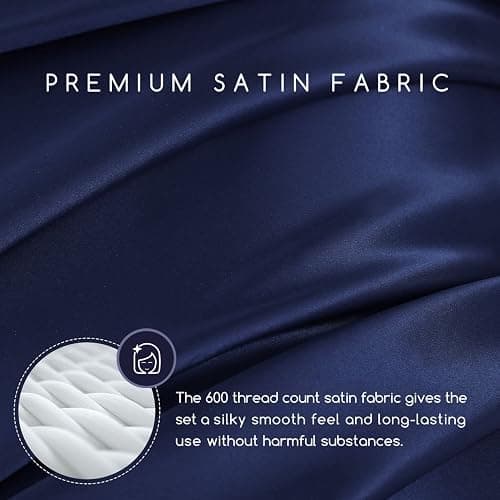 MR&HM Satin Sheets Queen Size with Elastic Corner Straps, Navy Blue | Similar to Silk, 4-Piece Silky Soft Bed Sheet Set, Gentle on Skin and Hair, 15" Deep Pocket, Cooling & Breathable thumbnail 2