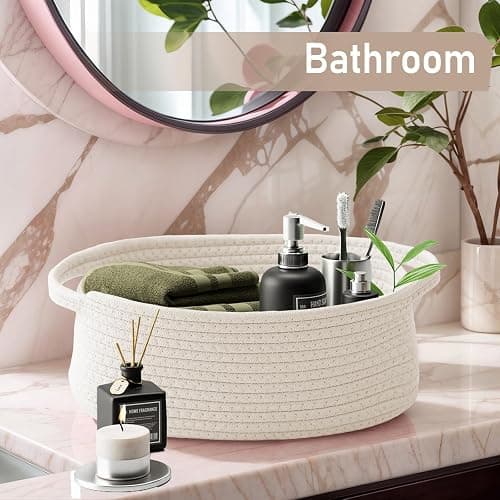 JMvicyroam Woven Basket,Small Rope Storage Bin with Handles & Ribbon Bag, Organizer for Shelves Closets,Gift Basket Empty for Birthday,Books,Dog Toys,White thumbnail 2
