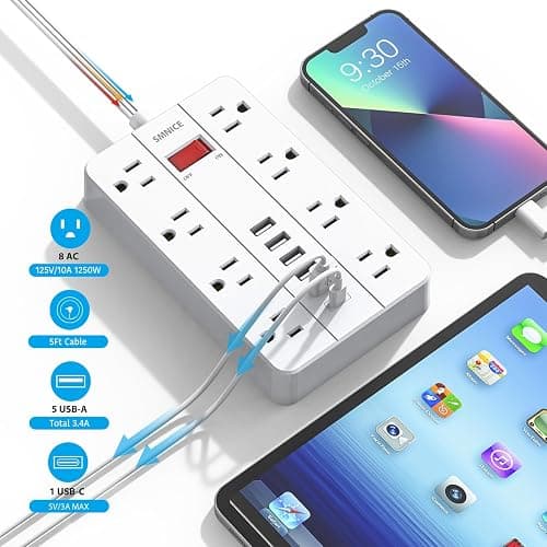 SMNICE Power Strip with USB,Surge Protector Flat Plug with 8 Widely Spaced Outlets and 6 USB Ports(1 USB C), 5ft Extension Cord Wall Mountable Phone Tablet Laptop Computer Multiple Devices thumbnail 3