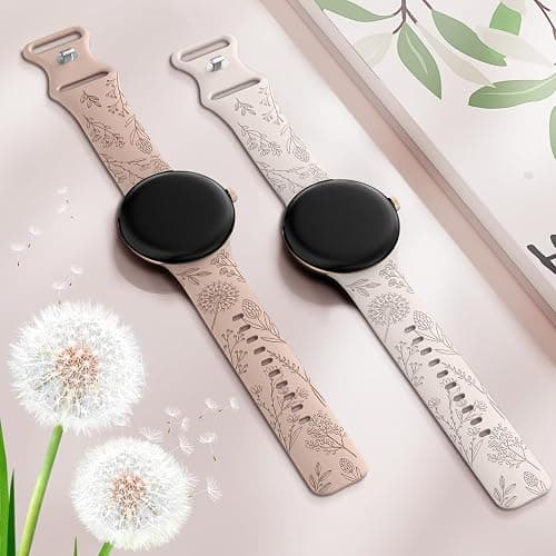 Minyee 2 Packs Floral Engraved Bands Compatible with Google Pixel Watch 4/3 41mm/Pixel Watch 2/1 Band Women, Cute Soft Silicone Flower Sport Fancy Straps thumbnail 4