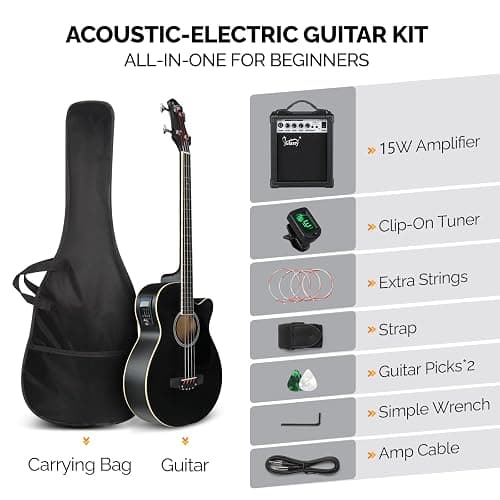 GLARRY Full Size Acoustic Electric Bass Guitar Beginner Kit w/ 15W Amp, Cutaway 4 Strings Electric Acoustic Bass Guitar w/Inbuilt Tuner, Bag, Strap, Picks, Strings, Bass Guitarra，Matte Black thumbnail 2