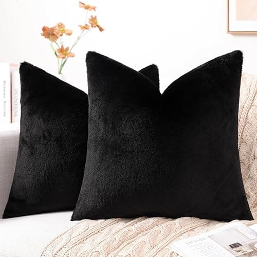 Pallene Faux Fur Plush Throw Pillow Covers 18x18 Set of 2, Luxury Soft Fluffy Cozy Decorative Pillow Covers for Sofa, Couch, Living Room, Black - Image 1