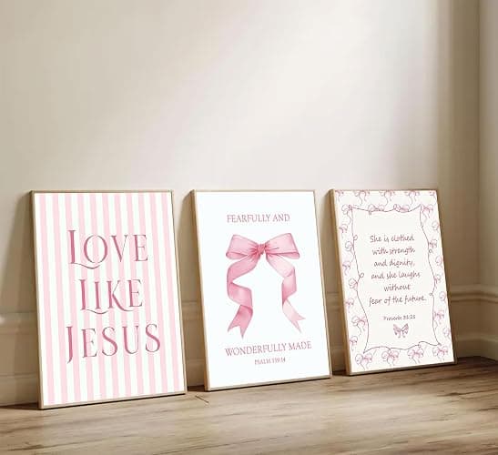 3Pcs Pink Christian Wall Art Coquette Bow Canvas Poster Print Inspirational Bible Verses Eclectic Aesthetic Preppy Painting Wall Decor for Teen Girls Bedroom Apartment 12x16in Unframed thumbnail 6