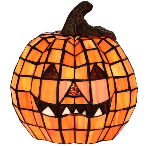 Bieye L10927 Carved Pumpkin Tiffany Style Stained Glass Accent Table Lamp for Halloween Decor - Image 1