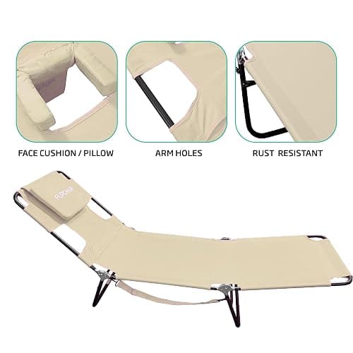 Face Down Tanning Chaise Lounge Chair - Face & Arm Holes - 2 Legs Support - Polyester Material – Backrest Positions - Head Rest Pillow - Beach or Home Use - Read and Tan - Tan Stripes Pattern thumbnail 6