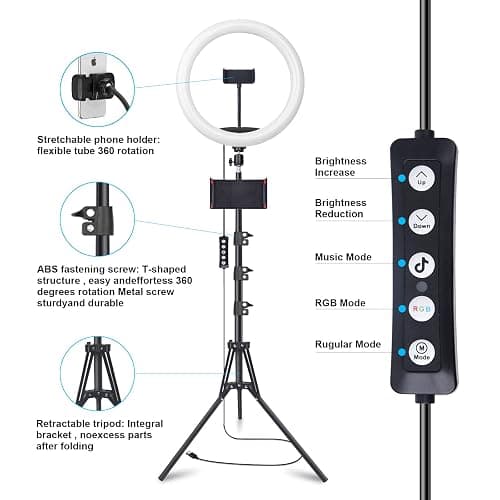 10" Selfie Ring Light with 73" Tripod Stand & 1 Phone Holder, LED Camera Ringlight with 48 RGB Colors Modes & Musical Rhythm Mode and 12 Brightness Dimmable for TikTok/Makeup/Photography/Vlog thumbnail 5