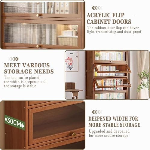 qeknxks 55" Bamboo Bookcases,Book Shelfs with Acrylic Doors,Freestanding Display Storage Shelves for Collectibles,4 Tier Tall Bookshelfs & Bookcases for Living Room Bedroom Home Office thumbnail 3