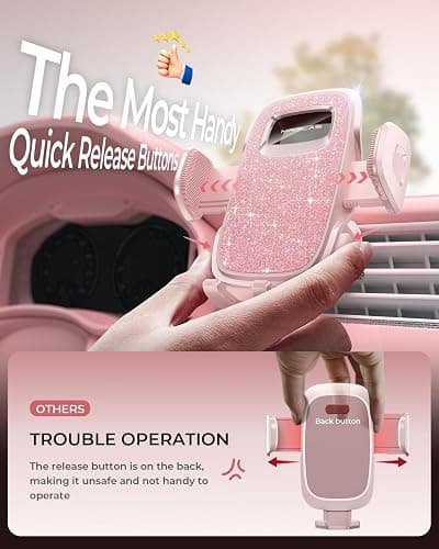 Phone Holders for Car with New Metal Hook Clip, Handy Air Vent Car Mount | [One Hand Operation] Cell Phone Car Mount for iPhone, Pink Car Phone Holder, Universal Y2K Car Accessories Gifts for Women thumbnail 3