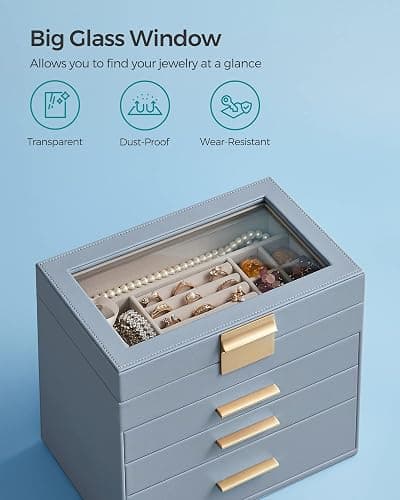 SONGMICS Jewelry Box Organizer with Glass Lid, 4-Layer Jewelry Storage, with 3 Drawers, Modern Style, 6 x 9.9 x 8.5 Inches, Smoky Blue and Gold Color UJBC161Q01 thumbnail 4