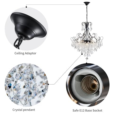 WUZUPS Crystal Chandelier 10-Light Pendant Ceiling Light Modern Lighting Fixture for Dining Room Hallway Bedroom Kitchen Bathroom, H 27.6" x W 22.8", E12 Base, Black thumbnail 3
