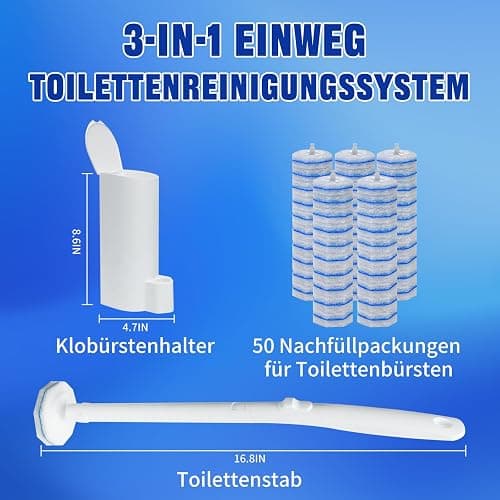 Einweg Toilettenbürsten mit Nachfüllpackung von 50 Dreilagigen, Verdickten Reinigungsschwämmen, Wandmontiertes Wc Bürstengarnitur mit Klobürstenhalter, zur Reinigung von Badezimmern, Waschbecken thumbnail 2