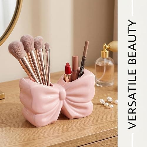 Bow Toothbrush Holder, 2-Slot Cute Bowtie Shaped Ceramic Bathroom Counter Organizer for Electric Toothbrushes, Toothpaste, Floss and Razors, Bathroom Decor Accessories, Pink thumbnail 2