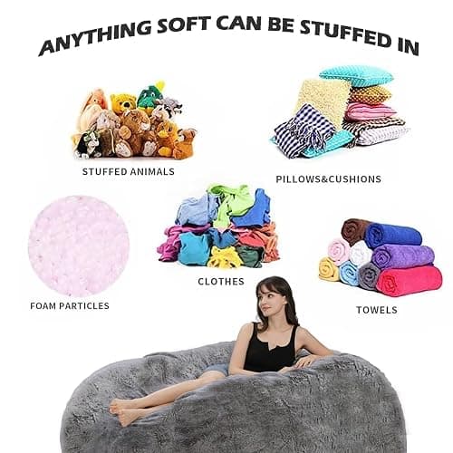 BCU 6FT Bean Bag Chair for Adults and Kids Without Filler Giant Stuffed Animal Storage Cover Soft Faux Fur Floor Chair Cover for Bedroom Living Room, Black thumbnail 6