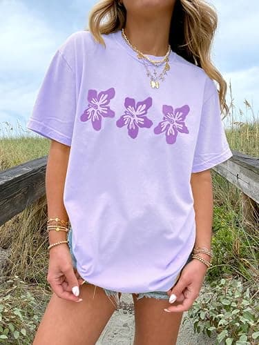 Oversized Graphic Tshirt for Teens Women Cute Floral Ocean Print Baggy Tops Summer Beach Vintage Aesthetic Coastal Tee thumbnail 2