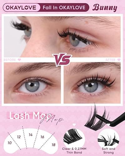 OKAYLOVE Manga Lash Clusters Kit, BUNNY 8-18mm Anime Cluster Eyelash Extensions Kit, 120pcs Fairy Wipsy Lashes Clear Band Natural Eyelashes with Bond and Seal, Remover, Tweezers thumbnail 4