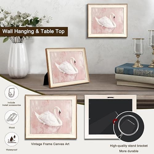 Uniro Framed Canvas Wall Art Swan Decor, Vintage Wall Art Animal Oil Painting Bathroom Wall Decor, White Swan Vintage Art Prints for Pink Room Decor, Pastel Pink Coquette Room Decor for Nursery, Bedroom, Girly R.oom D.ecor- 10x12 inches thumbnail 3