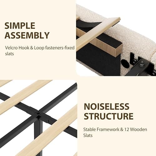 Konprosp Full Bed Frame, Teddy Velvet Boucle Bed Frame with 43.3"/45.3" Adjustable Upholstered Headboard, Rounded Corners, Mattress Foundation, No Box Spring Required, Beige thumbnail 9