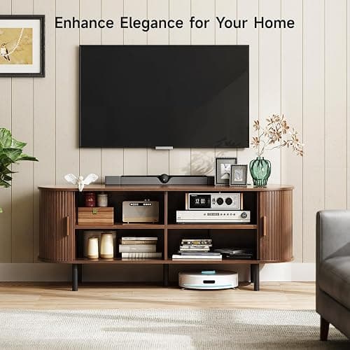 ONBRILL 55" TV Stand with Power Outlet for TVs up to 60 Inch, Entertainment Center with Storage and Adjustable Shelves, Modern Media Console with Sliding Doors for Living Room, Walnut thumbnail 3