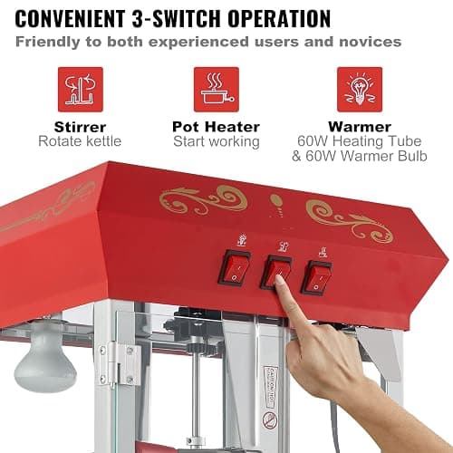 VEVOR Commercial Popcorn Machine, 8 Oz Kettle, 850 W Countertop Popcorn Maker for 48 Cups per Batch, Theater Style Popper with 3-Switch Control Steel Frame Tempered Glass Doors 2 Scoops 2 Spoons, Red thumbnail 7