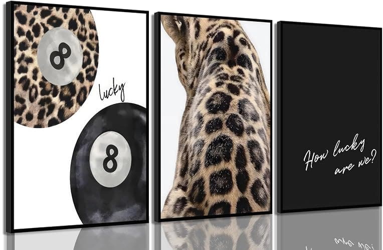 Myzoran 3pcs Leopard Cheetah Wall Art Picture 8 Ball Lucky Canvas Paintings Black And White Trendy Leopard Posters Print Preppy Room Wall Decor For Girls Bedroom Apartment Dorm 12X16in Unframed - Image 1