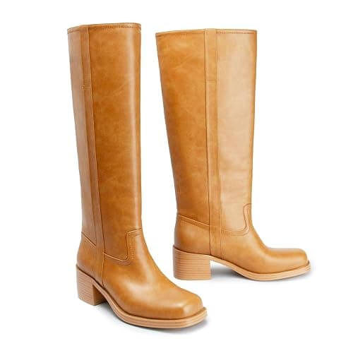 Women's Banana Knee High Boots Square Toe Chunky Block Heel Comfortable Low Heel Pull on Wide Calf Riding Long Boots for Women thumbnail 4