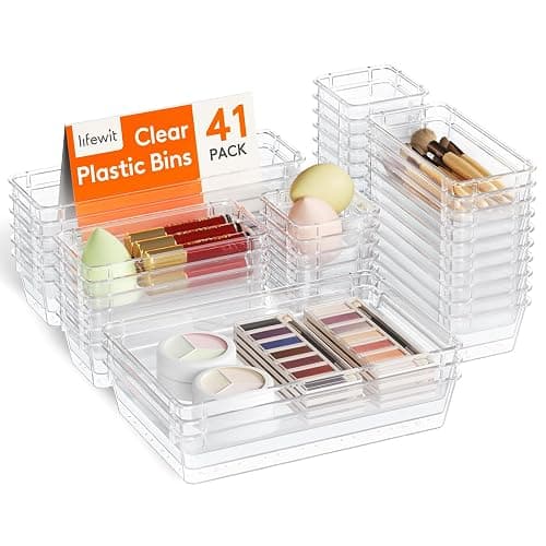 Lifewit 41 PCS Drawer Organizer Set Clear Plastic Desk Drawer Dividers Trays Dresser Storage Bins Separation Box for Makeup, Jewelries and Gadgets, Bedroom, Bathroom, Office - Image 1