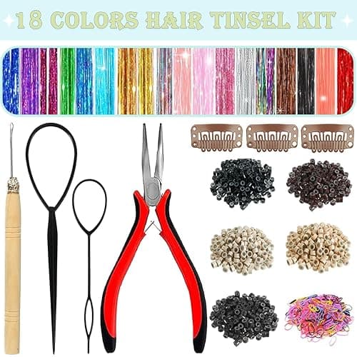 Hair Tinsel,18 Colors Hair Tinsel Kit for Girls 7600 Strands Fairy Tinsel Hair Extensions Holographic Hair Tinsel Heat Resistant Colored Hair Glitter Christmas Party Festival (18 Colors) thumbnail 2