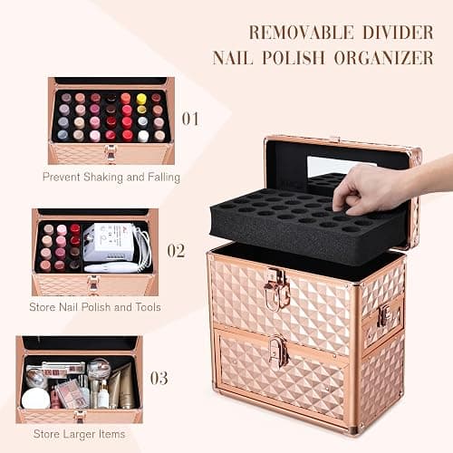 Makeup Train Case Professional Makeup Organizer Case with Drawer Mirror Extra Large Makeup Manicure Accessory with Dividers Travel Cosmetic Case for Cosmetologist Nail Tech Kits Makeup Case Rose Gold thumbnail 3